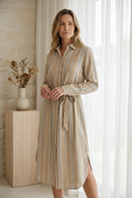 Vestido Camisero Mujer Rayas Camel Otoño Cinturón Ajustable