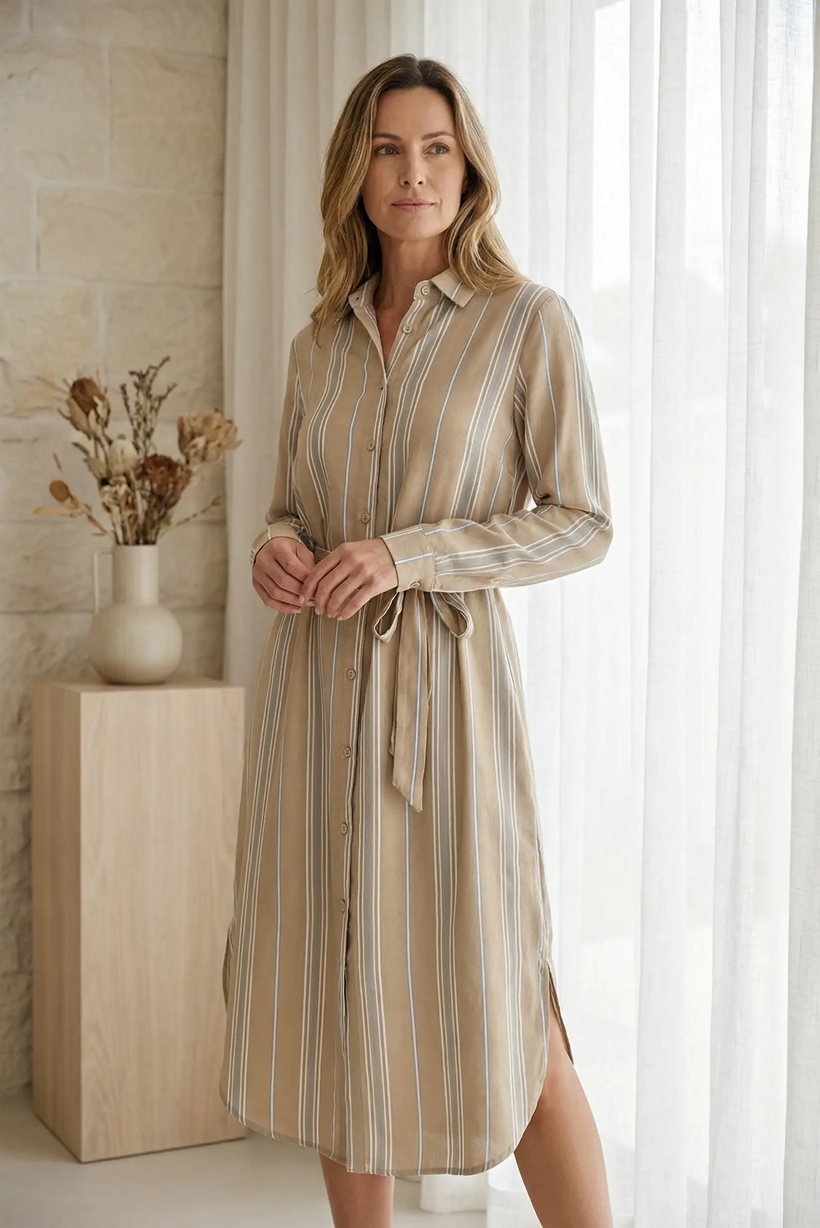 Vestido Camisero Mujer Rayas Camel Otoño Cinturón Ajustable