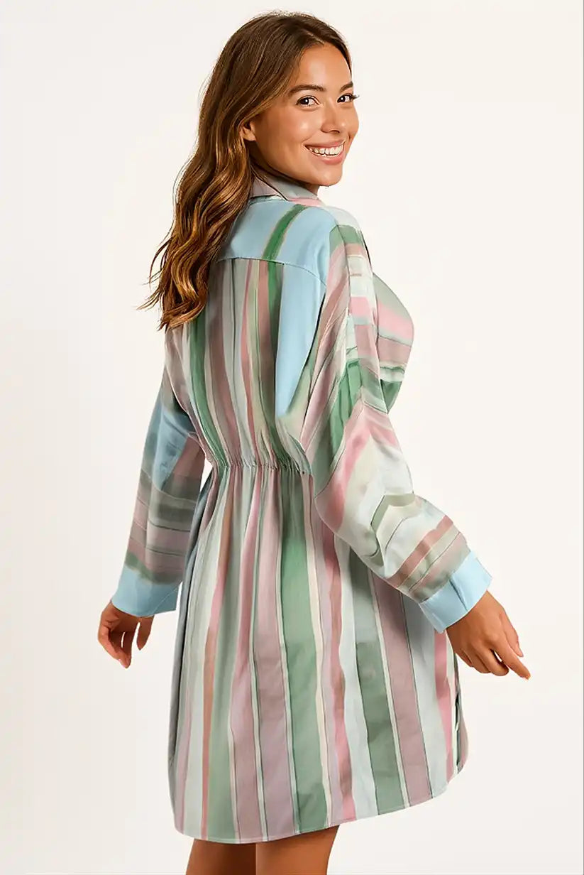 Vestido Camisero Mujer Rayas Pastel Otoño Cinturón Fluido