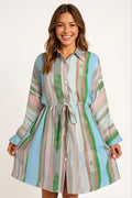 Vestido Camisero Mujer Rayas Pastel Otoño Cinturón Fluido