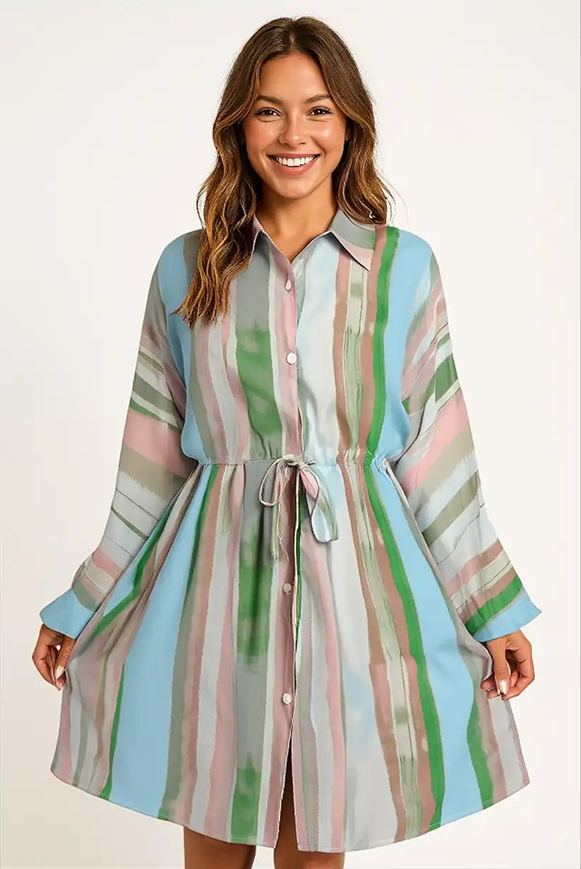 Vestido Camisero Mujer Rayas Pastel Otoño Cinturón Fluido