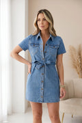 Vestido Corto Denim Mujer Vaquero con Cinturón Manga Corta