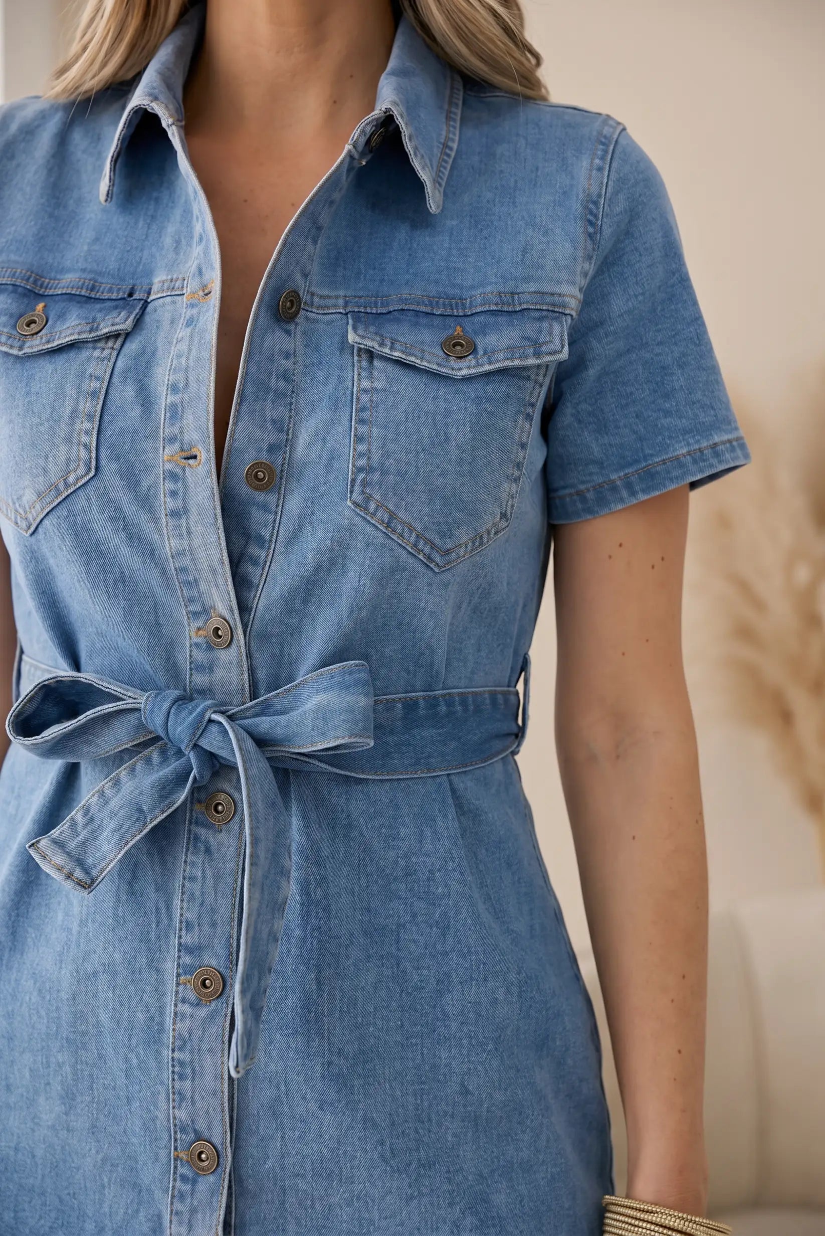 Vestido Corto Denim Mujer Vaquero con Cinturón Manga Corta