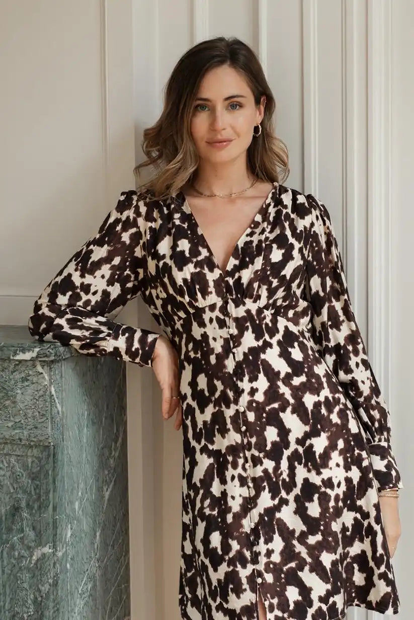 Vestido Animal Print Marrón Corto Manga Larga Corte Imperio Elegante