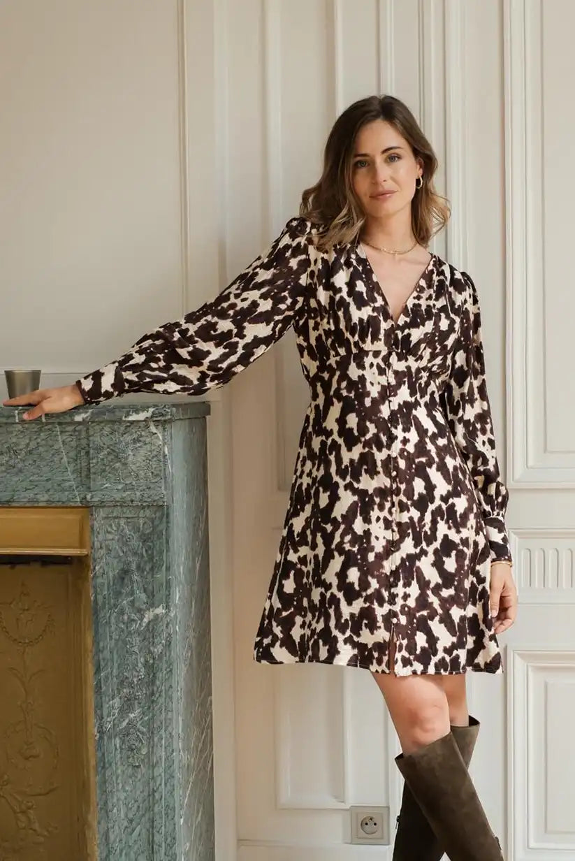 Vestido Animal Print Marrón Corto Manga Larga Corte Imperio Elegante