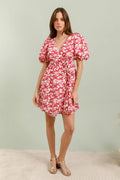 Vestido corto floral rojo manga corta primavera