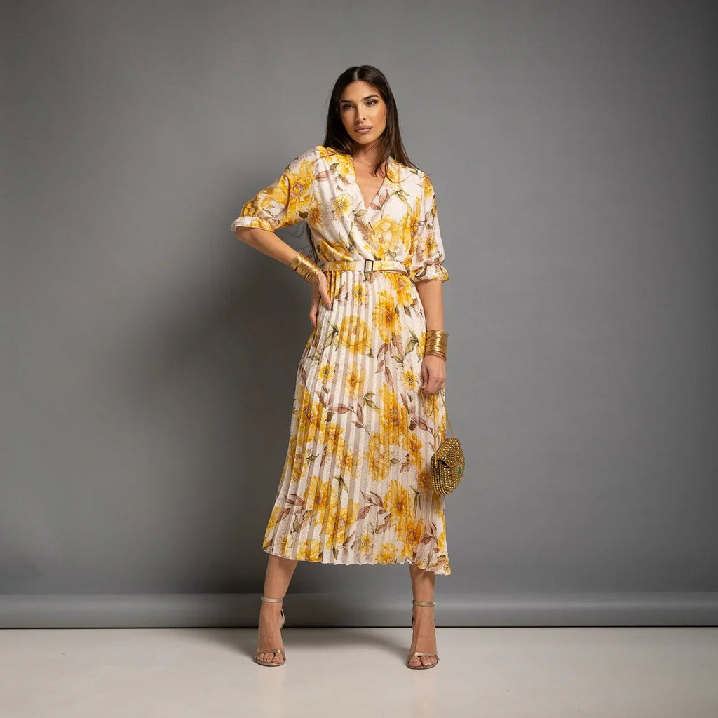 Vestido Plisado Floral amarillo con cinturón