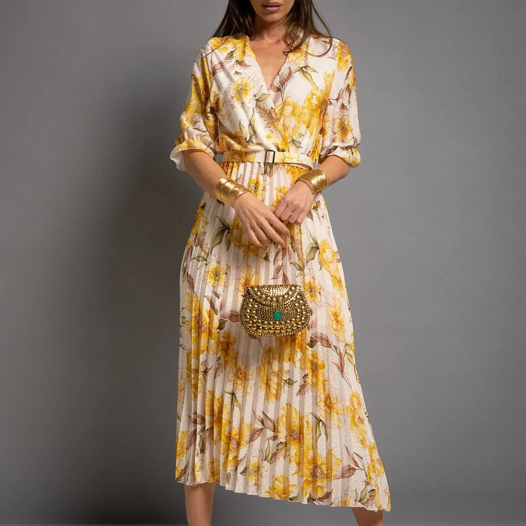 Vestido Plisado Floral amarillo con cinturón