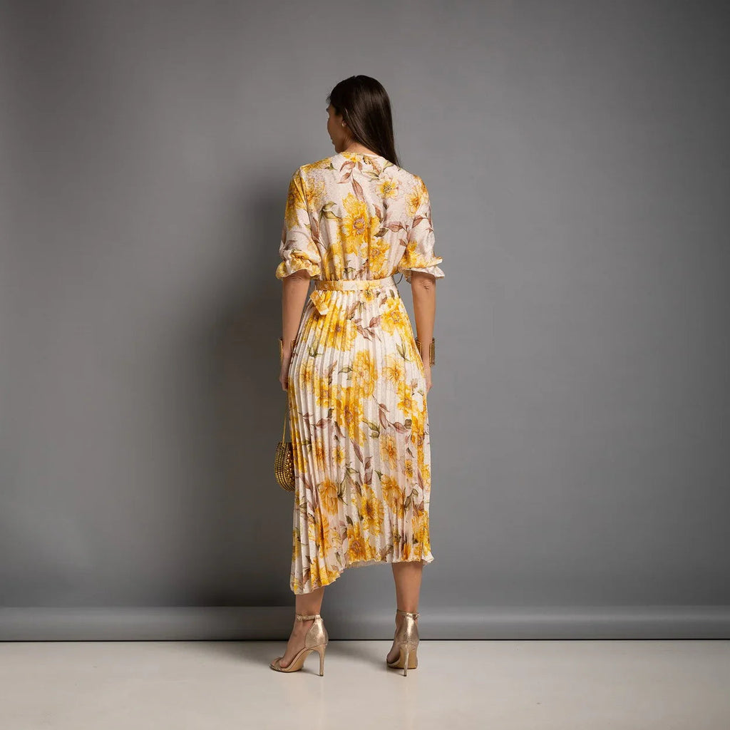 Vestido Plisado Floral amarillo con cinturón