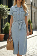 Vestido Camisero Largo Denim Azul Claro con cinturón y abertura frontal