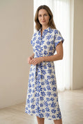Vestido mujer manga corta azul y blanco floral