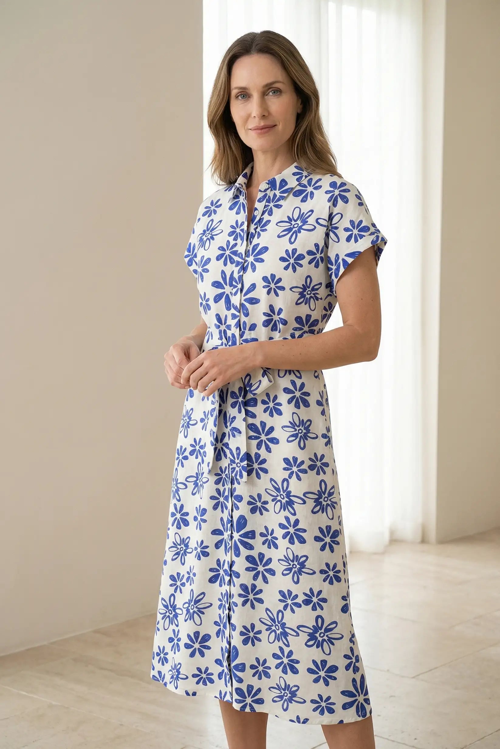Vestido mujer manga corta azul y blanco floral