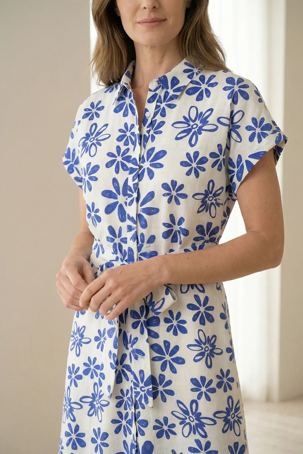 Vestido mujer manga corta azul y blanco floral