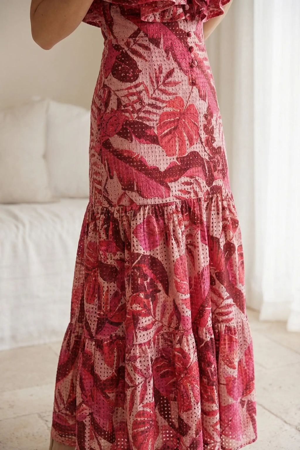 Vestido Mujer Largo Rojo Estampado Floral | Volantes Primavera