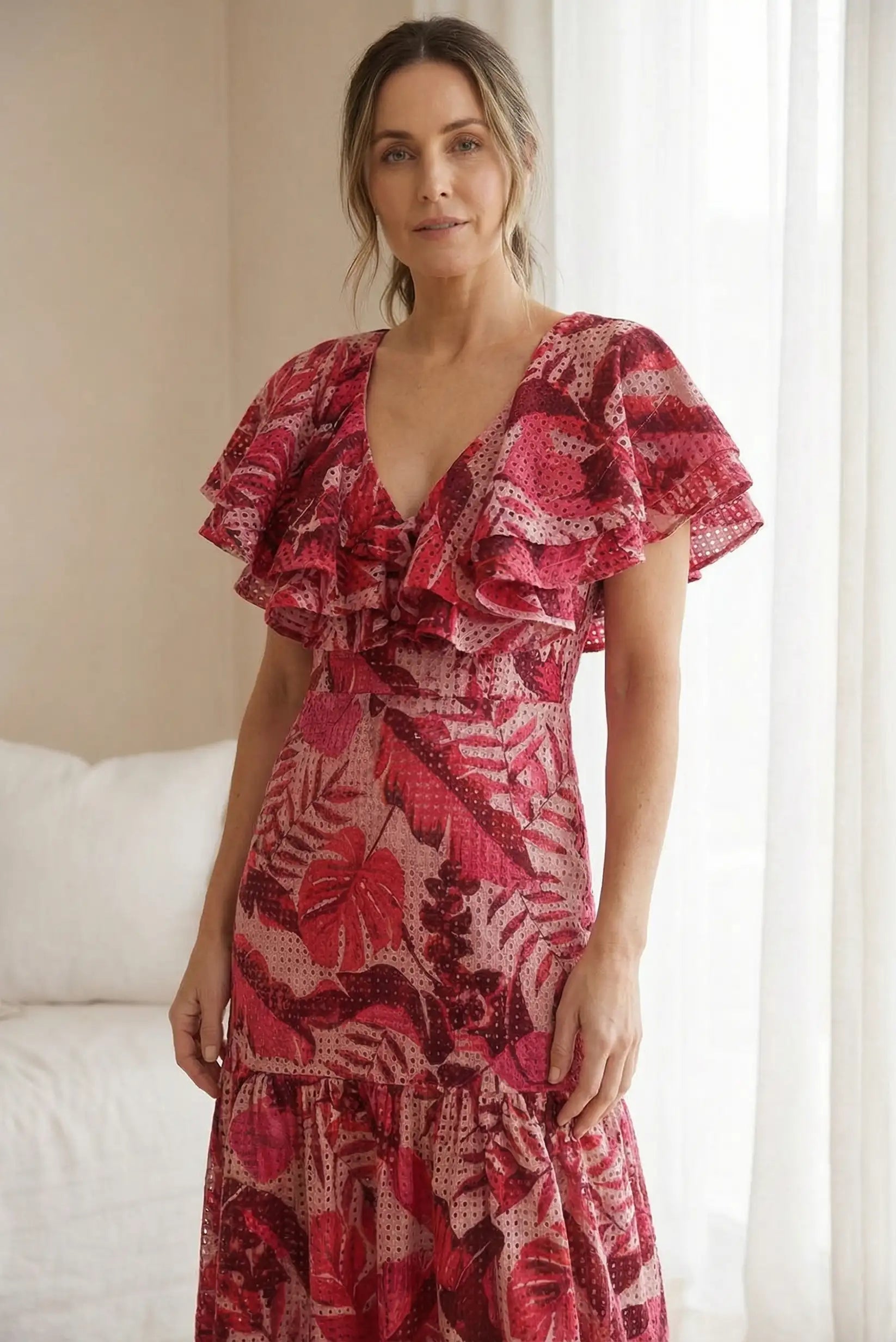 Vestido Mujer Largo Rojo Estampado Floral | Volantes Primavera