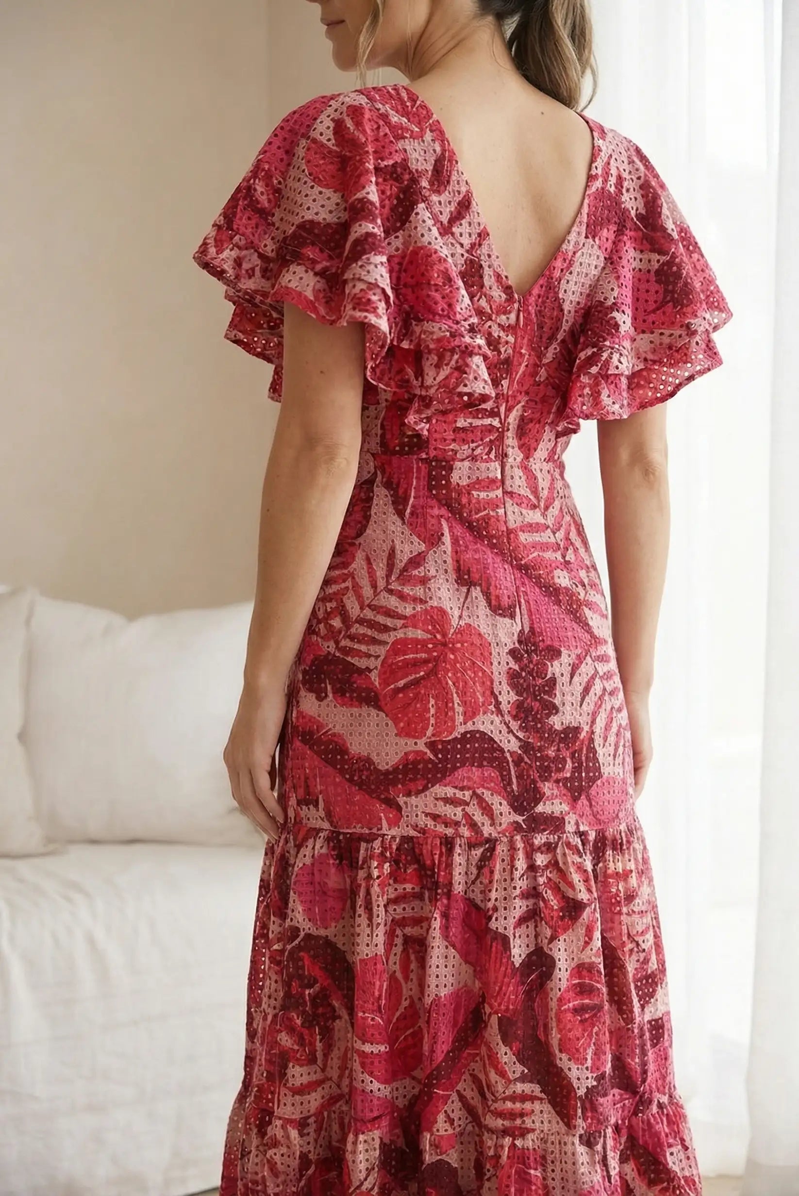 Vestido Mujer Largo Rojo Estampado Floral | Volantes Primavera