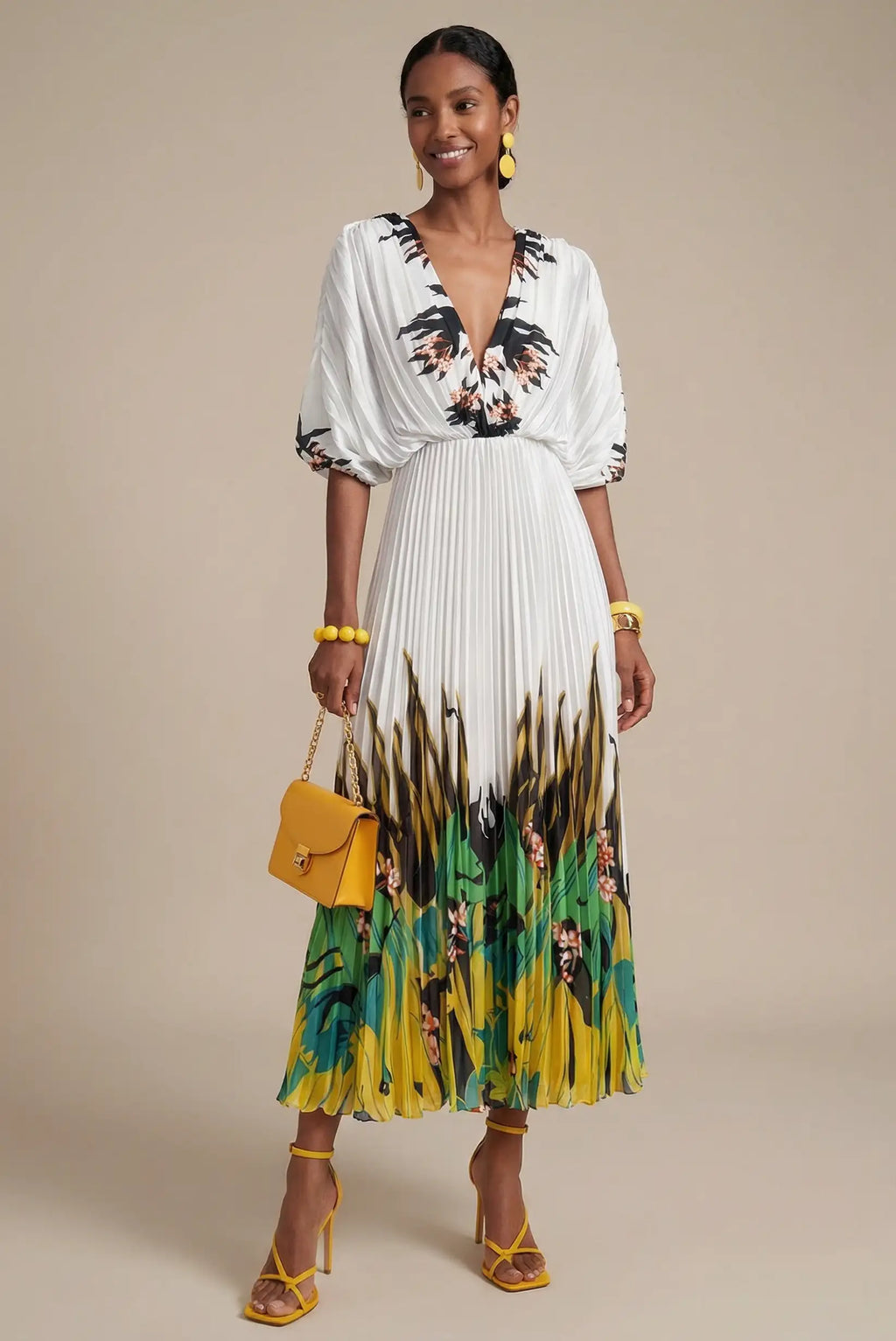 Vestido Midi Tropical Solara plisado blanco estampado verde y amarillo con escote en pico