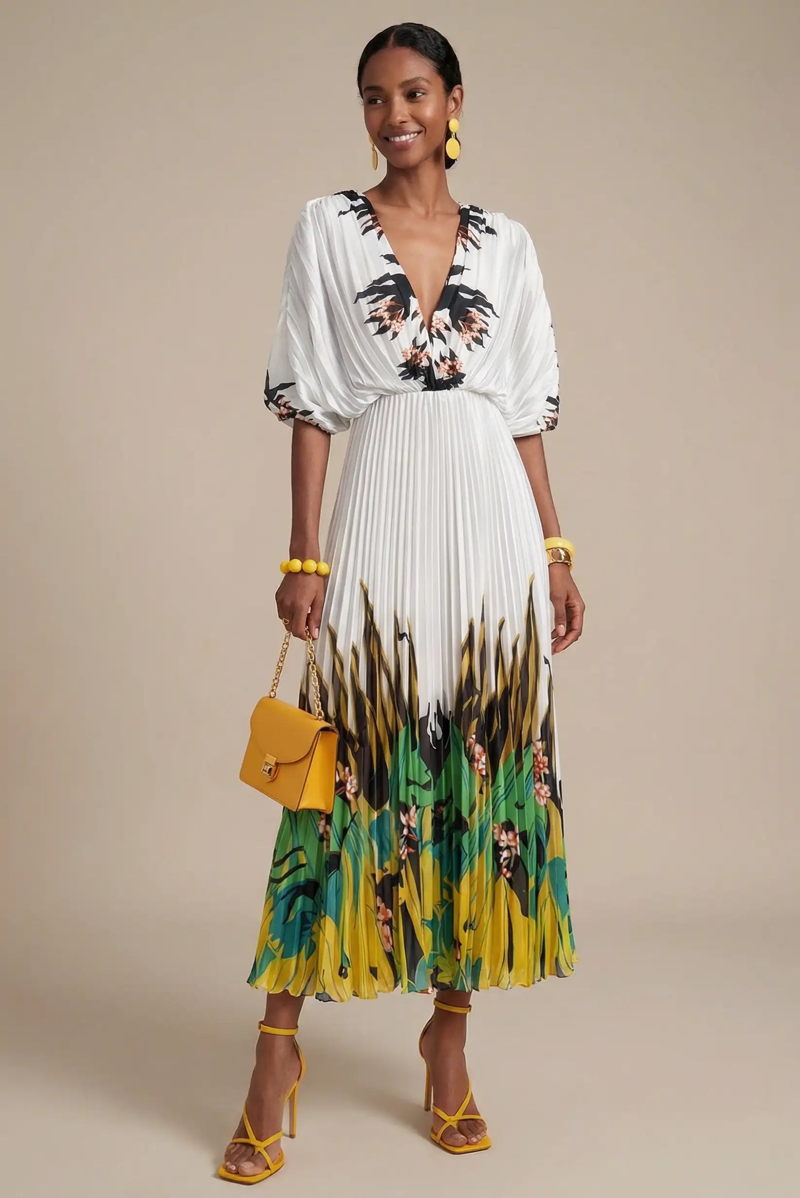 Vestido Midi Tropical Solara plisado blanco estampado verde y amarillo con escote en pico