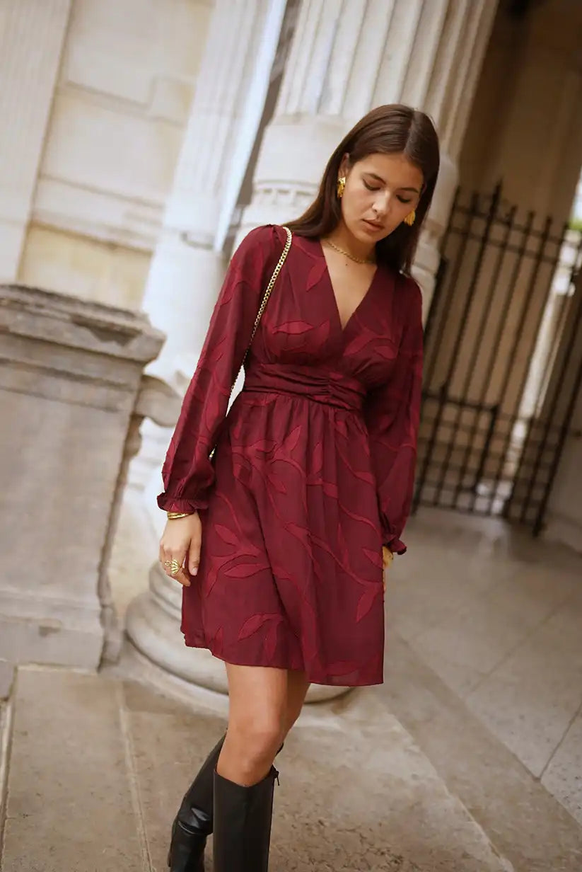 Vestido corto burdeos mujer manga larga cruzado elegante casual