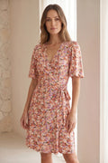 Vestido corto mujer floral naranja malva beige con lazo ajustable