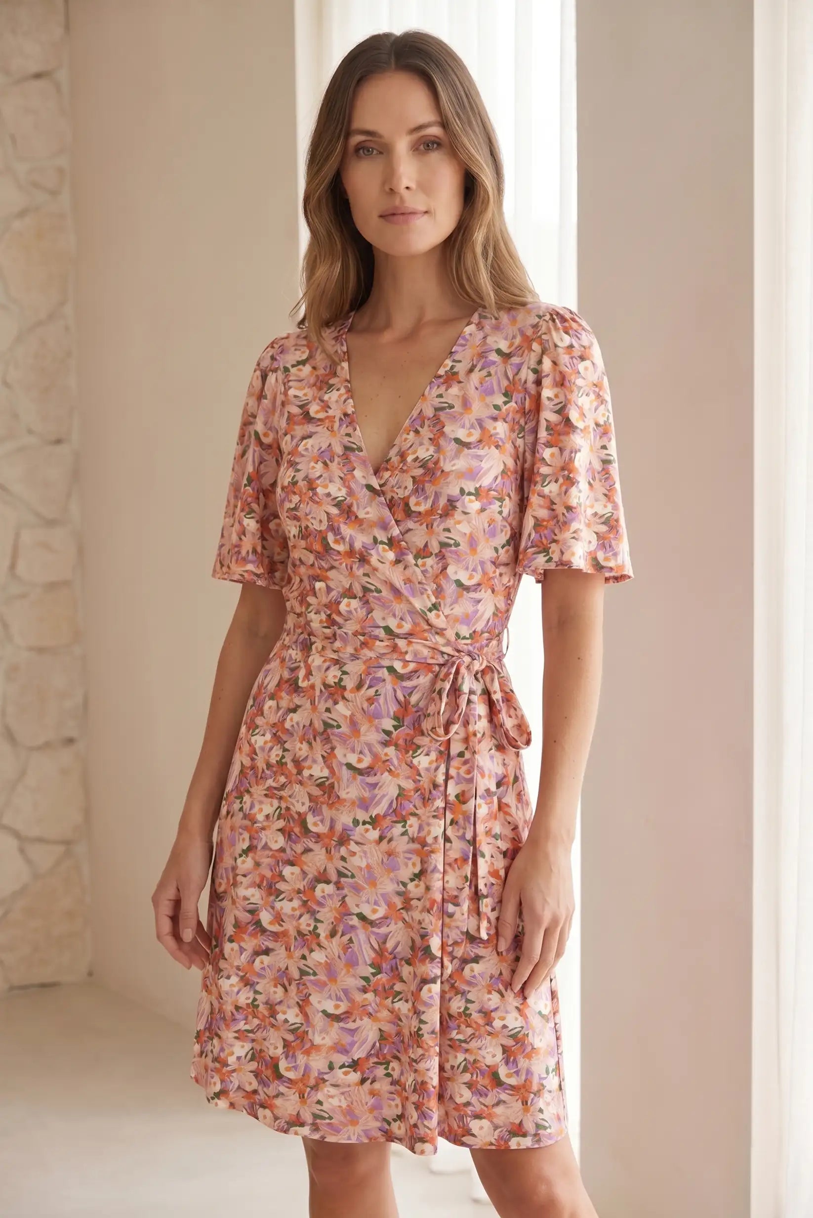 Vestido corto mujer floral naranja malva beige con lazo ajustable