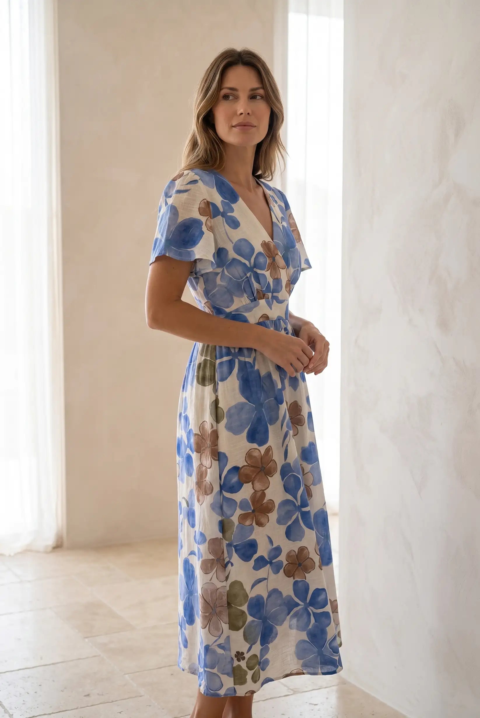 Vestido Midi Mujer Azul Estampado Floral