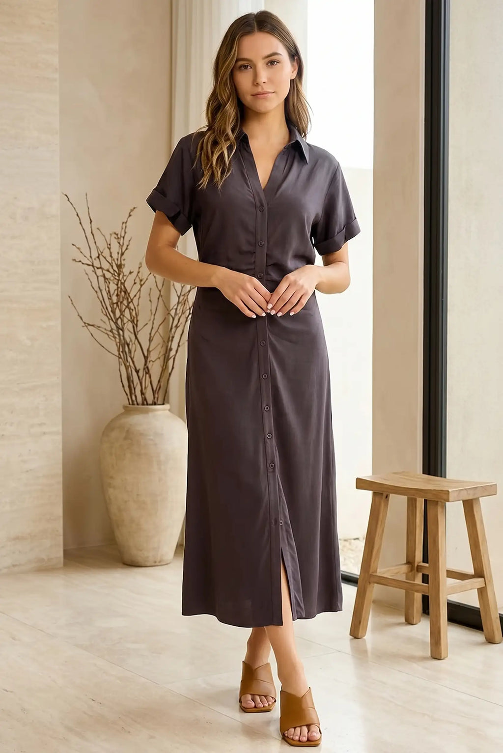 Vestido largo verano manga corta marrón chocolate