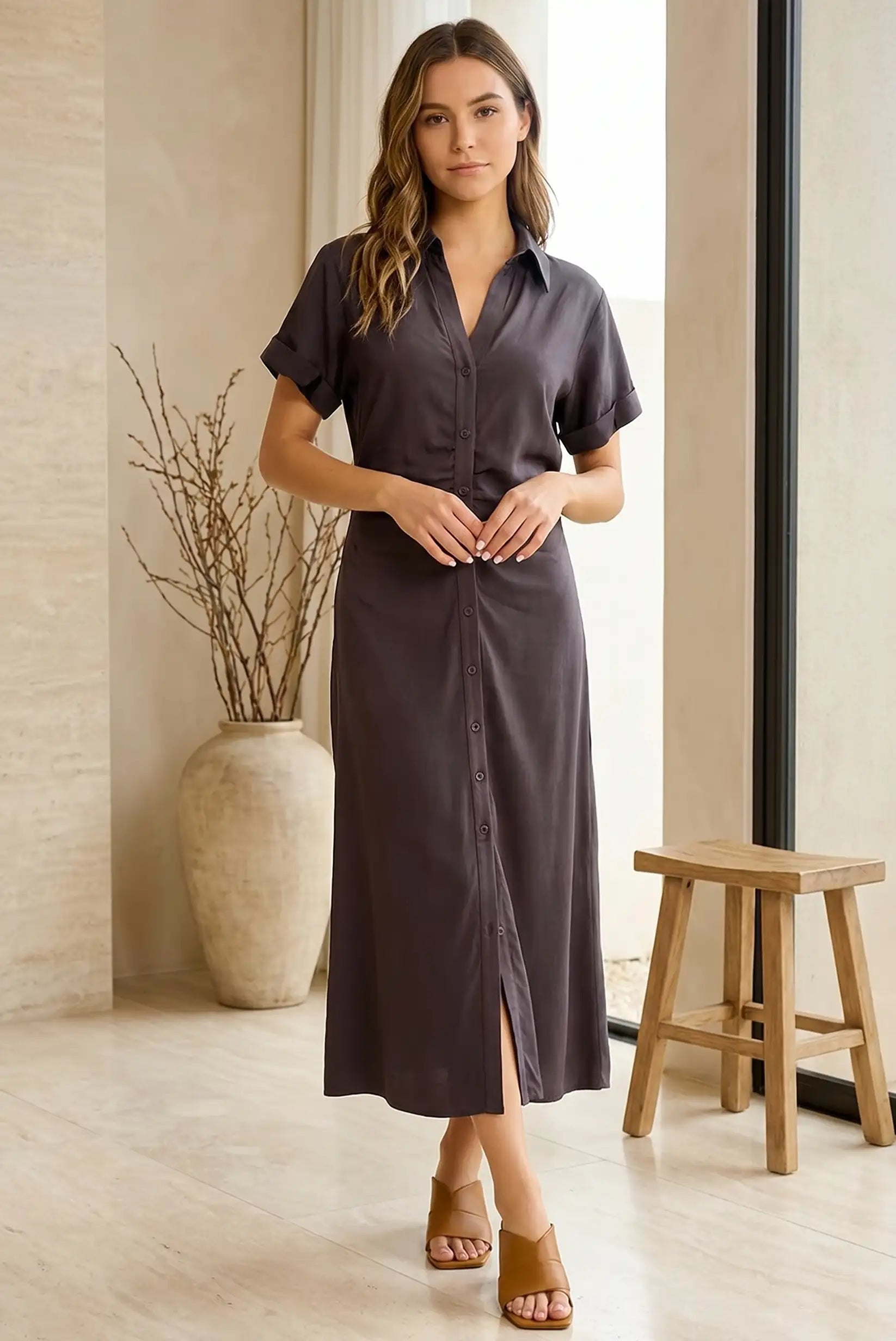 Vestido largo verano manga corta marrón chocolate