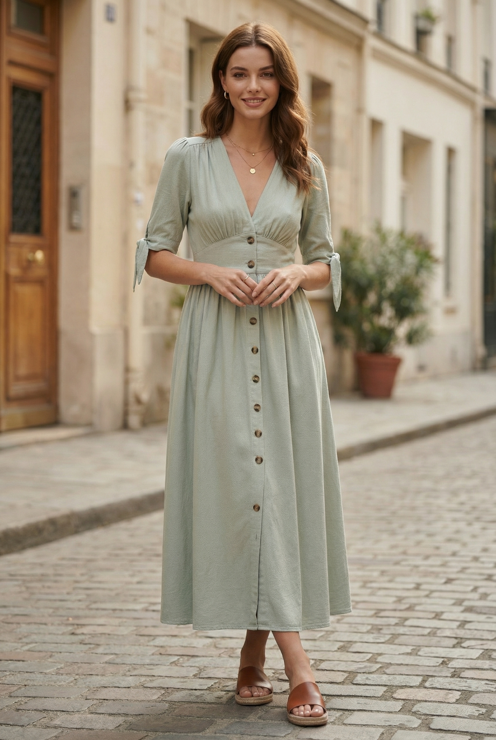 Vestido Largo Verde Salvia algodón lavado con botones y manga ajustable primavera