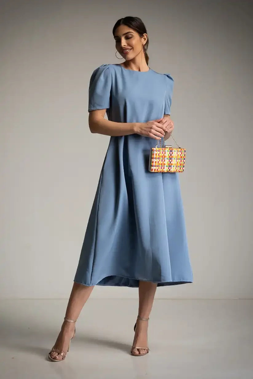 Vestido azul celeste midi con cinturón elegante manga corta mujer