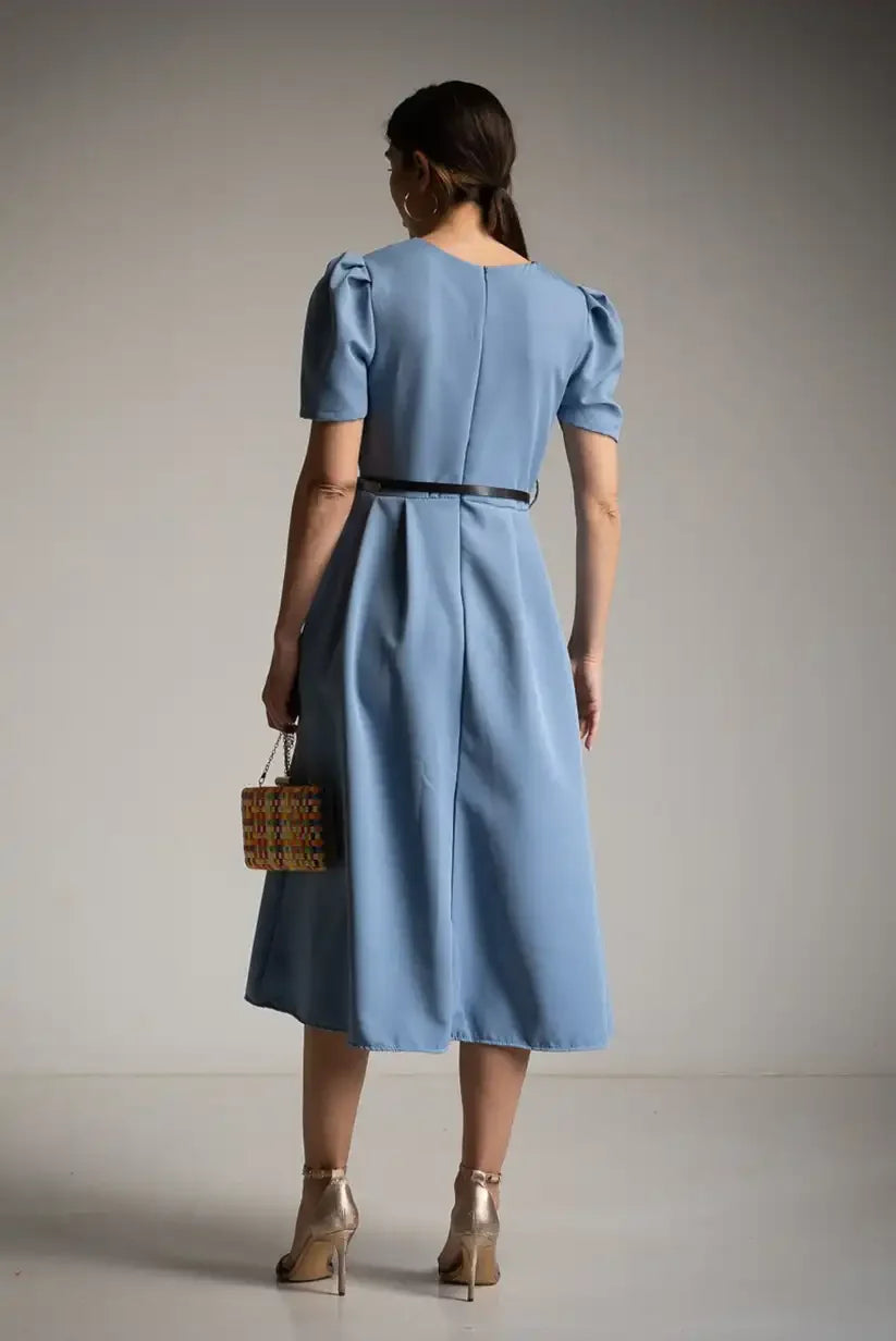 Vestido azul celeste midi con cinturón elegante manga corta mujer
