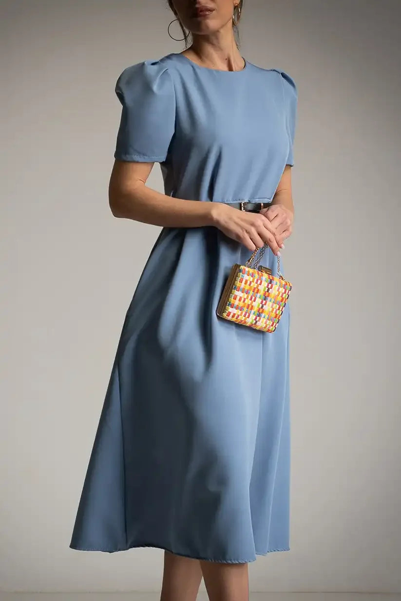 Vestido azul celeste midi con cinturón elegante manga corta mujer