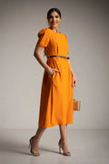 Vestido Midi Naranja Mujer con Cinturón y Manga Corta Elegante