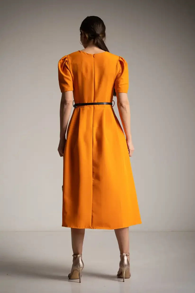 Vestido Midi Naranja Mujer con Cinturón y Manga Corta Elegante