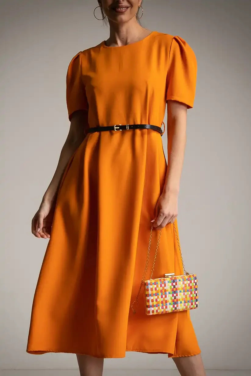 Vestido Midi Naranja Mujer con Cinturón y Manga Corta Elegante