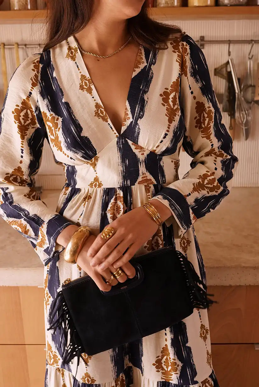 Vestido Largo Estampado Geométrico Azul Marino Manga Larga Elegante