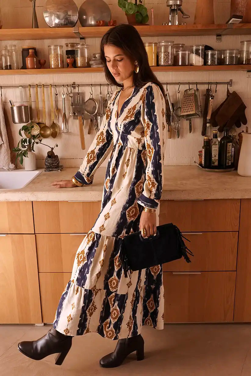 Vestido Largo Estampado Geométrico Azul Marino Manga Larga Elegante