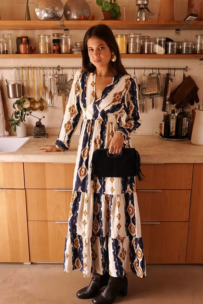 Vestido Largo Estampado Geométrico Azul Marino Manga Larga Elegante