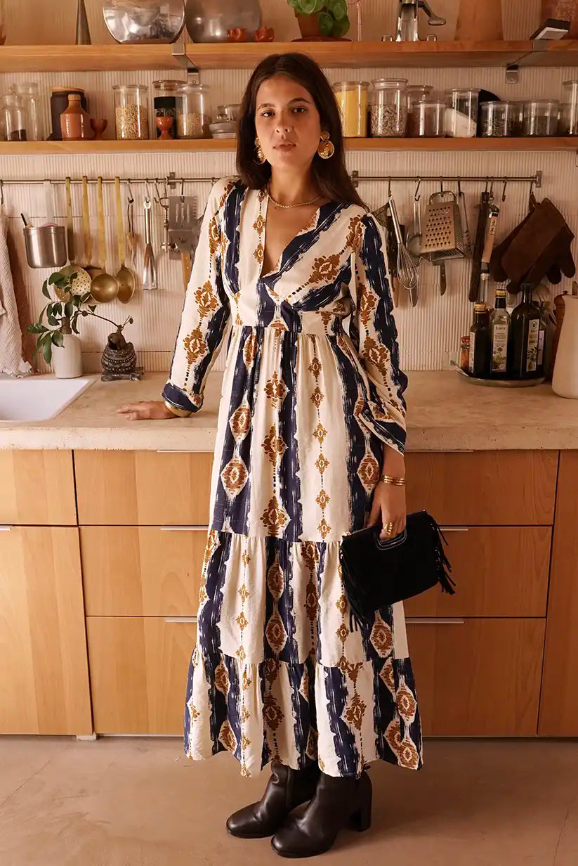 Vestido Largo Estampado Geométrico Azul Marino Manga Larga Elegante