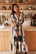 Vestido Largo Estampado Geométrico Azul Marino Manga Larga Elegante