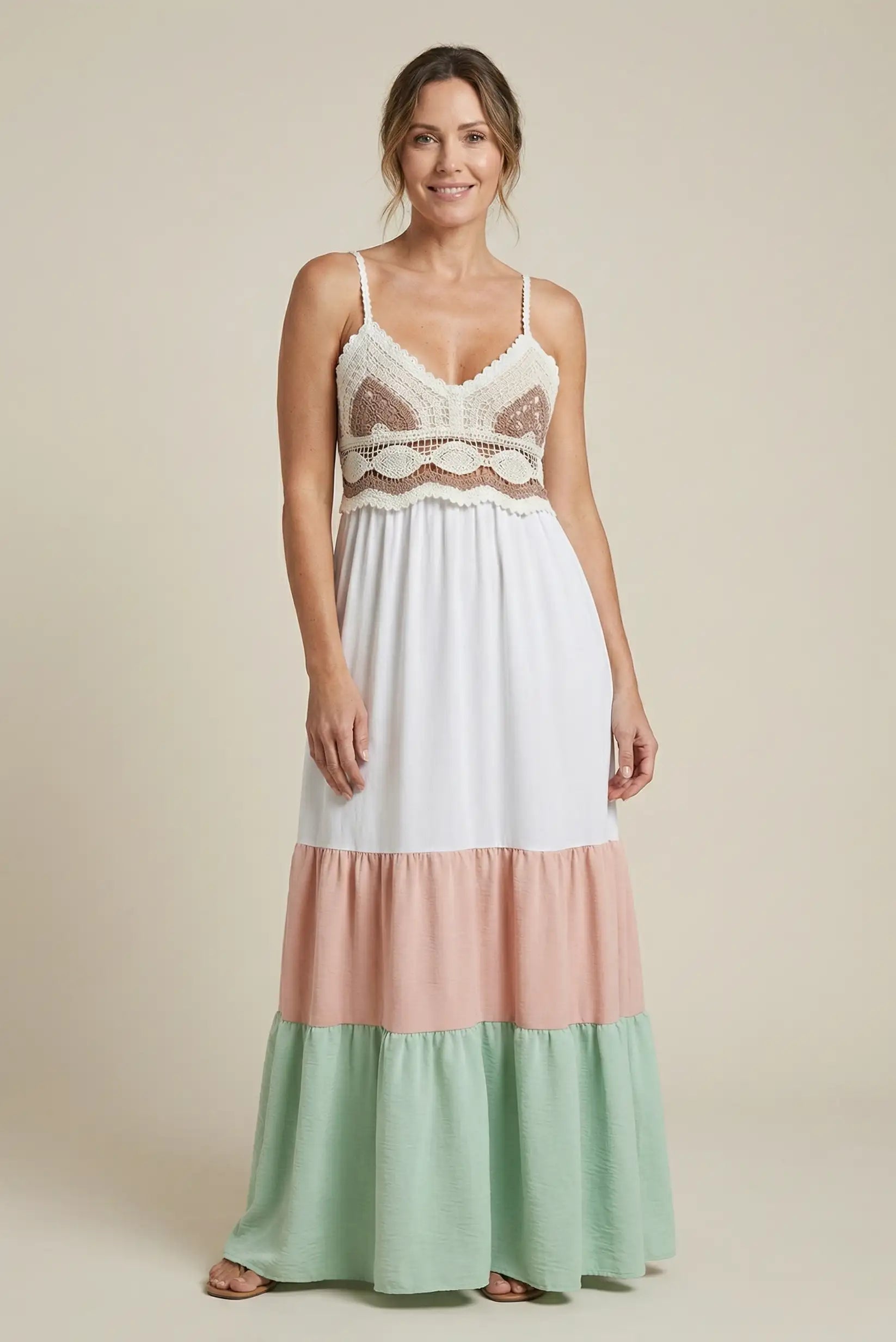 Vestido Largo Fluido Blanco Rosa Palo Verde Menta Mujer Elegante