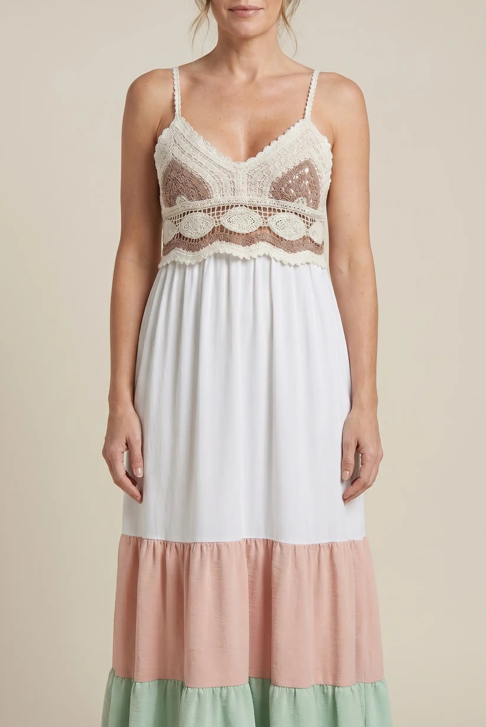 Vestido Largo Fluido Blanco Rosa Palo Verde Menta Mujer Elegante