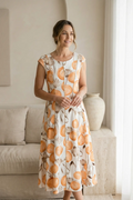 Vestido Midi Mandarina Capri blanco estampado naranja primavera