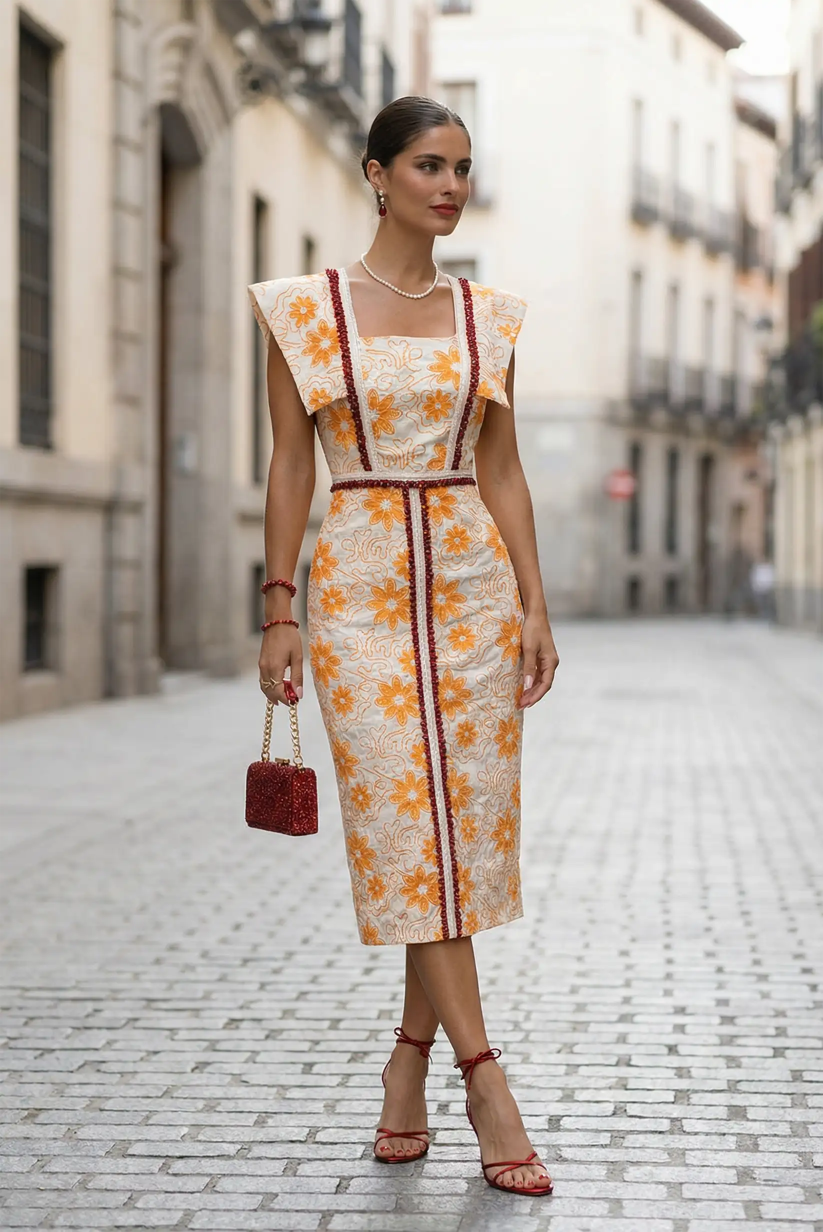 Vestido Midi Floral naranja y crema