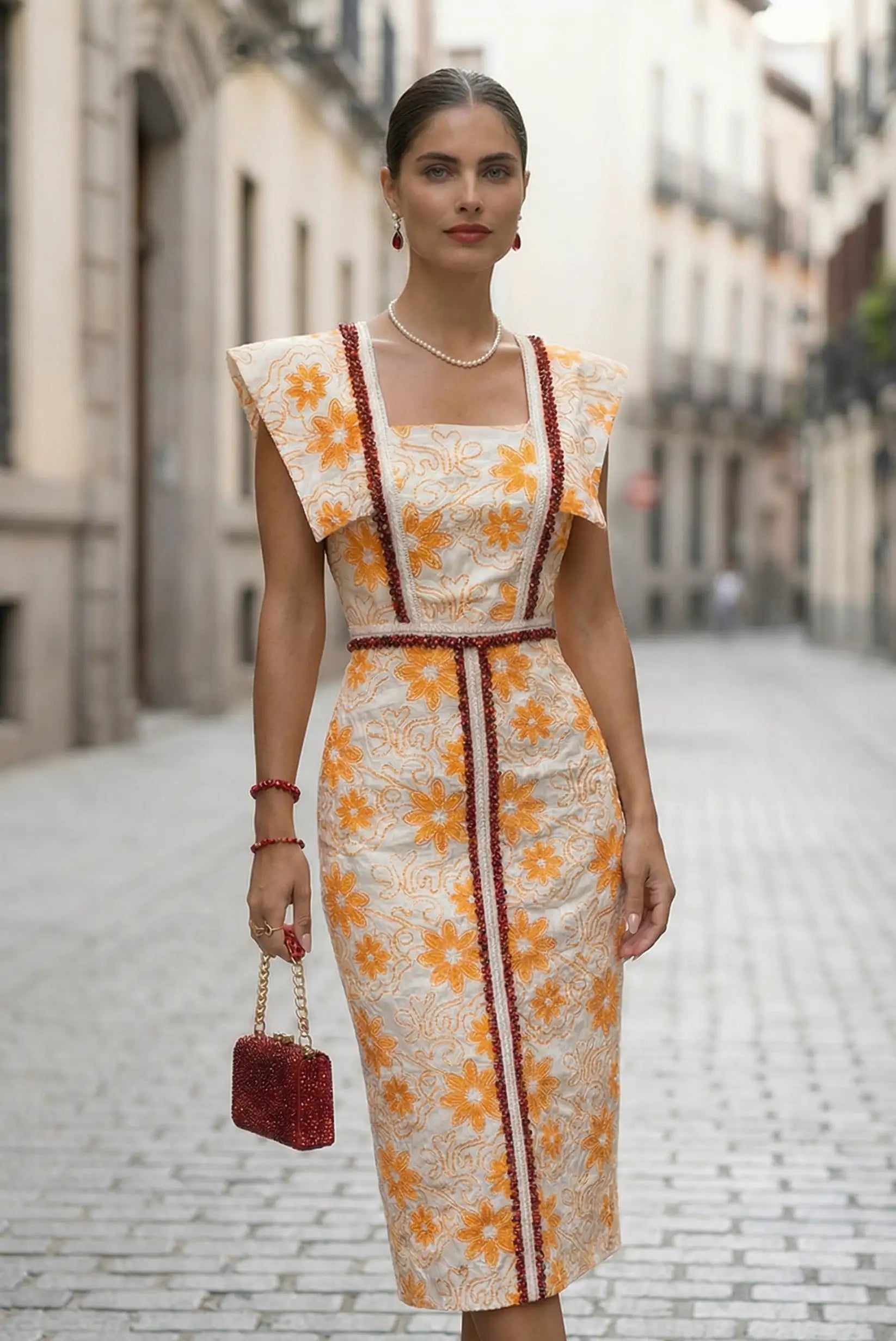 Vestido Midi Floral naranja y crema