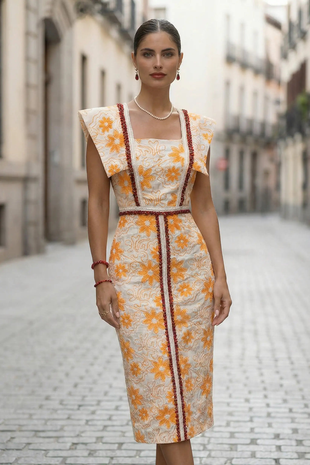 Vestido Midi Floral naranja y crema