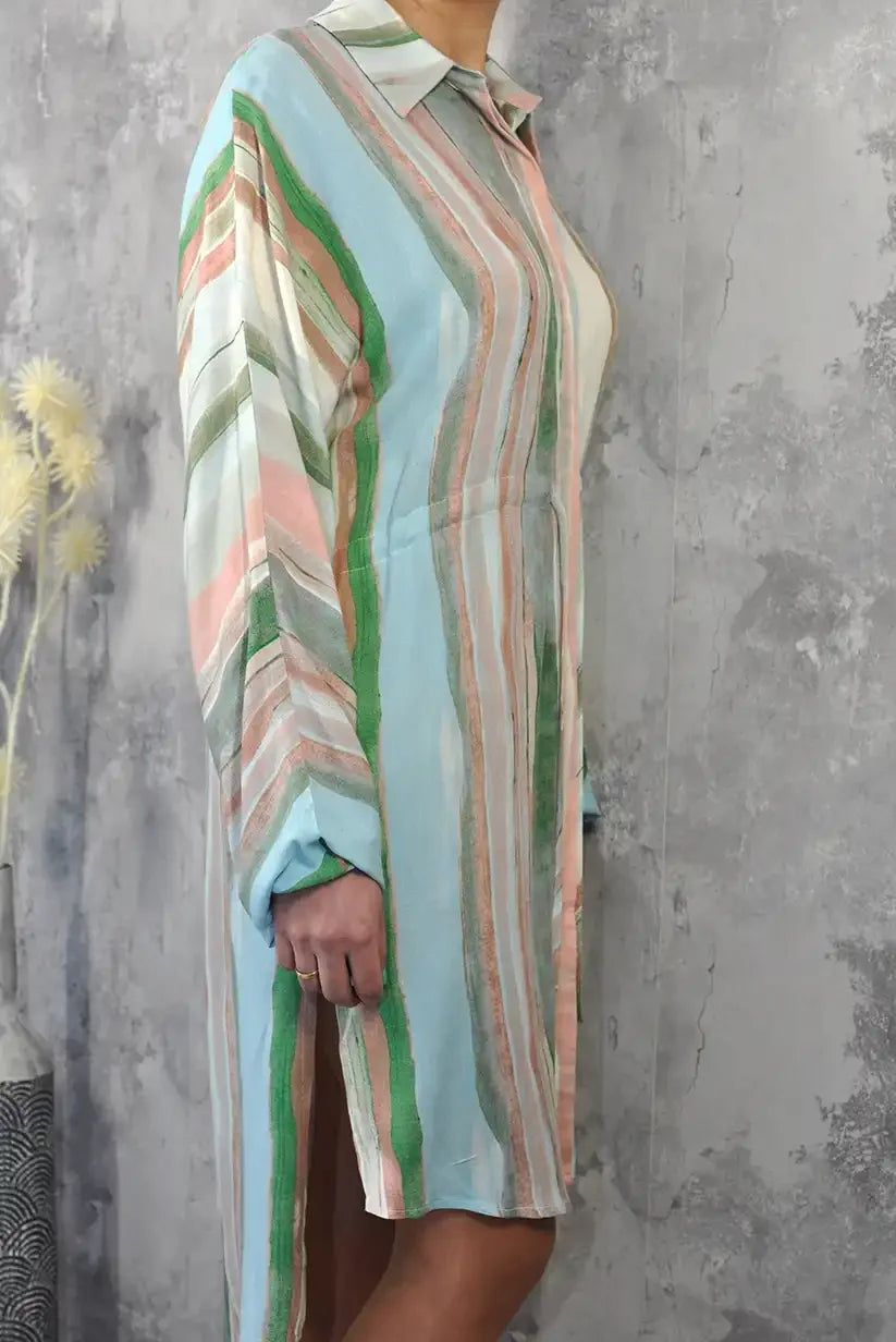 Vestido Camisero Mujer Rayas Pastel Otoño Cinturón Fluido