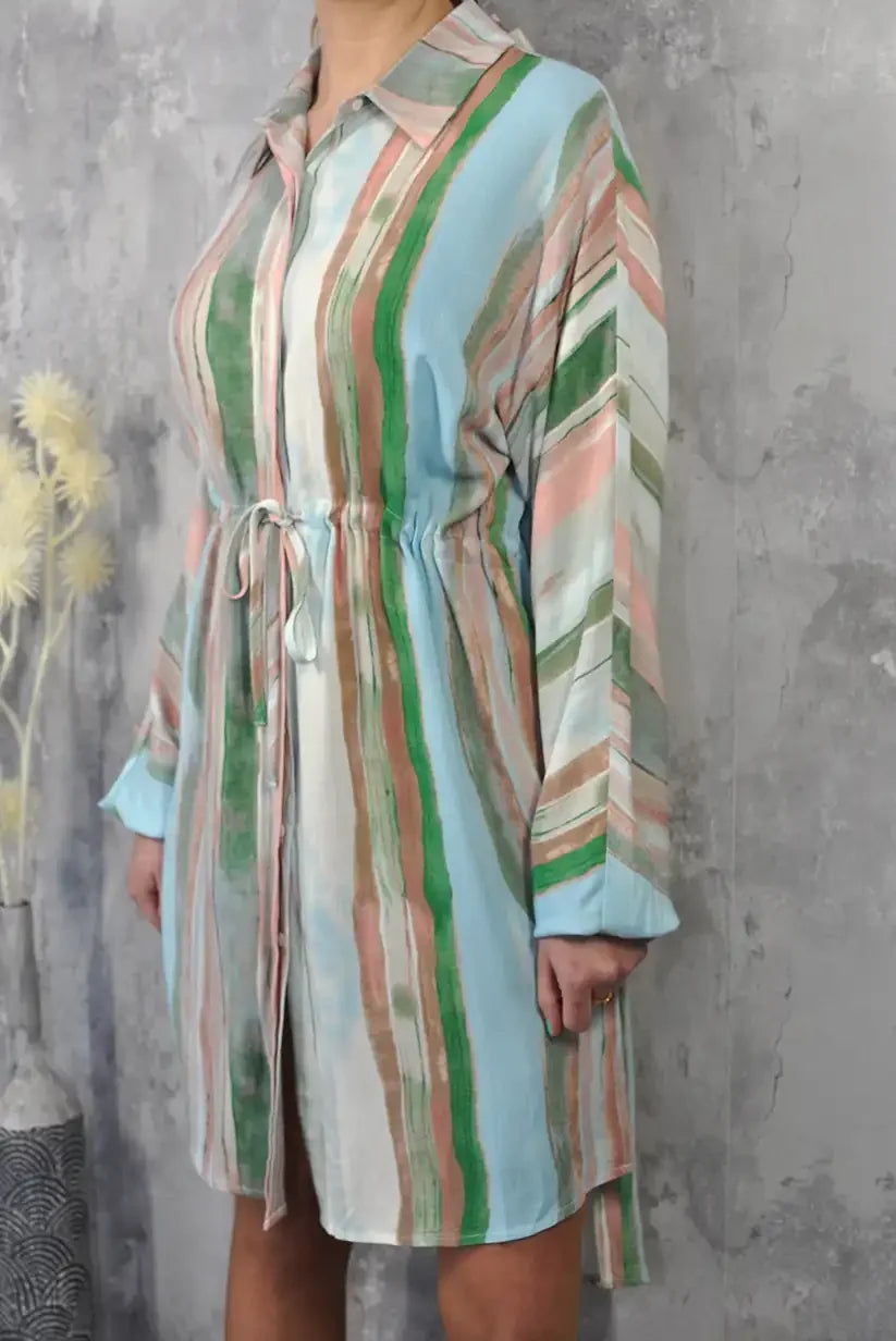 Vestido Camisero Mujer Rayas Pastel Otoño Cinturón Fluido