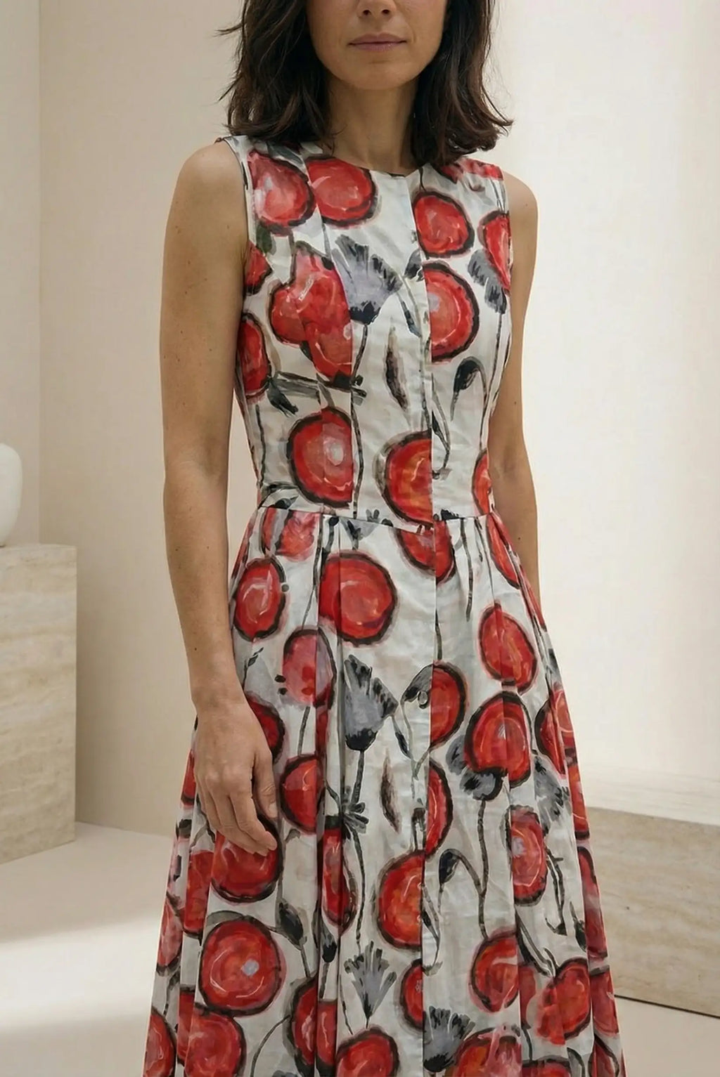 Vestido Midi Rojo Art Bloom estampado floral sin mangas primavera