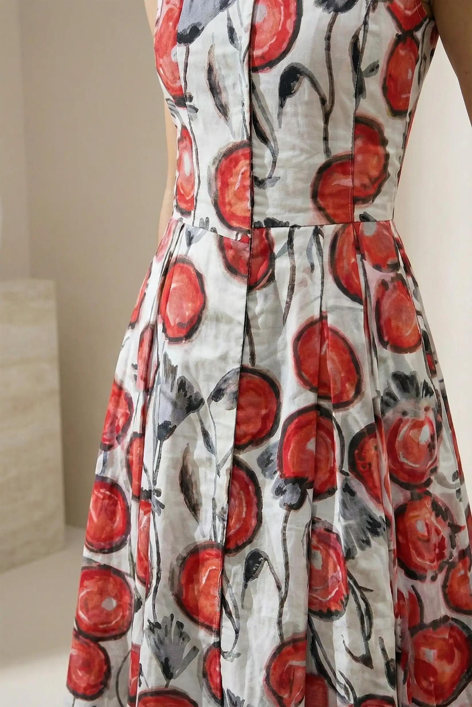 Vestido Midi Rojo Art Bloom estampado floral sin mangas primavera